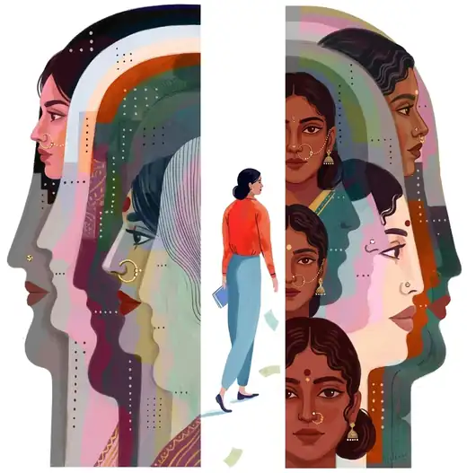 Illustration of an Indian woman walking between profiles of many Indian women, representing the real stories behind Boss Naari